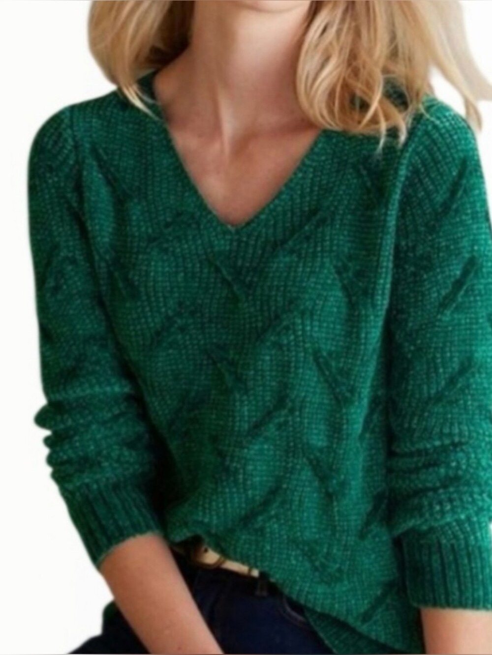 Soft Surroundings Womens Sz 1X Green Cable Knit V-Neck Trina Chenille Sweater